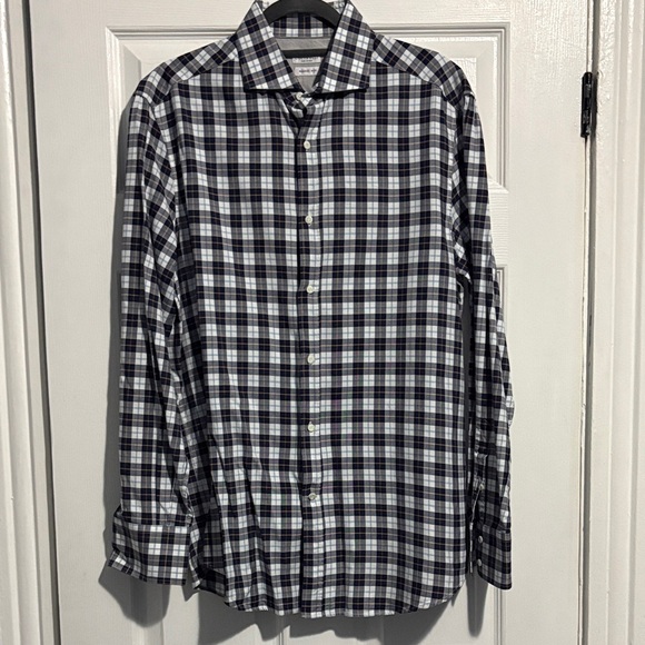Brunello Cucinelli Navy and White Plaid Shirt